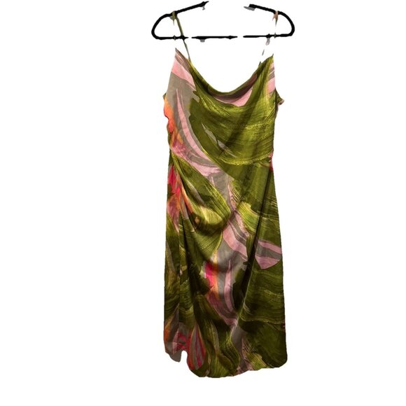 BCBG New York  Tropical Print Midi Satin Ruches Dress Women Large - Picture 1 of 12